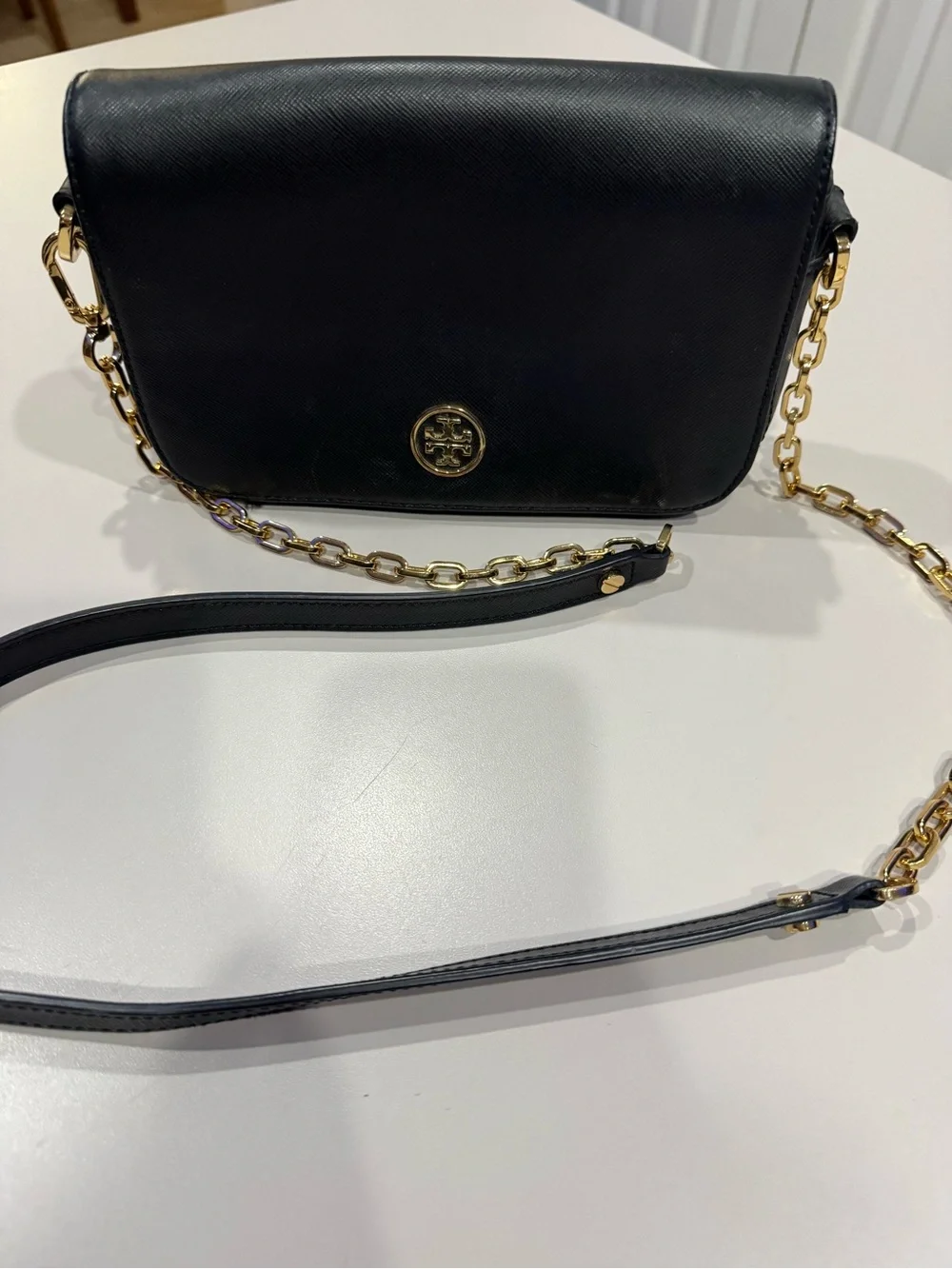 Tory Burch Robinson Mini Black Leather Bag with gold chain & hardware.